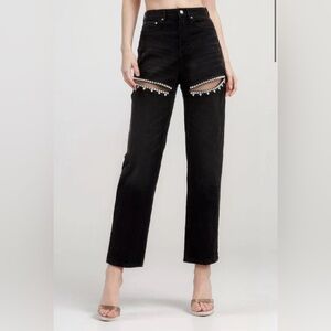 Monvess high waisted black denim jeans with diamond embellishment cutouts